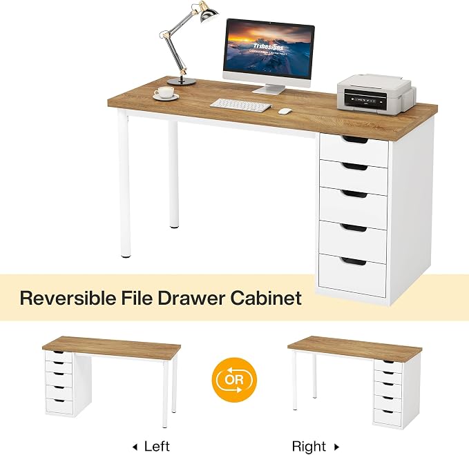 Tribesigns Computer Desk with 5 Drawers, 47 inches Rustic Brown Home Office Desk with Storage, Modern Simple Laptop Desk Study Writing Table for Small Spaces (1, Walnut+White) - Image 7