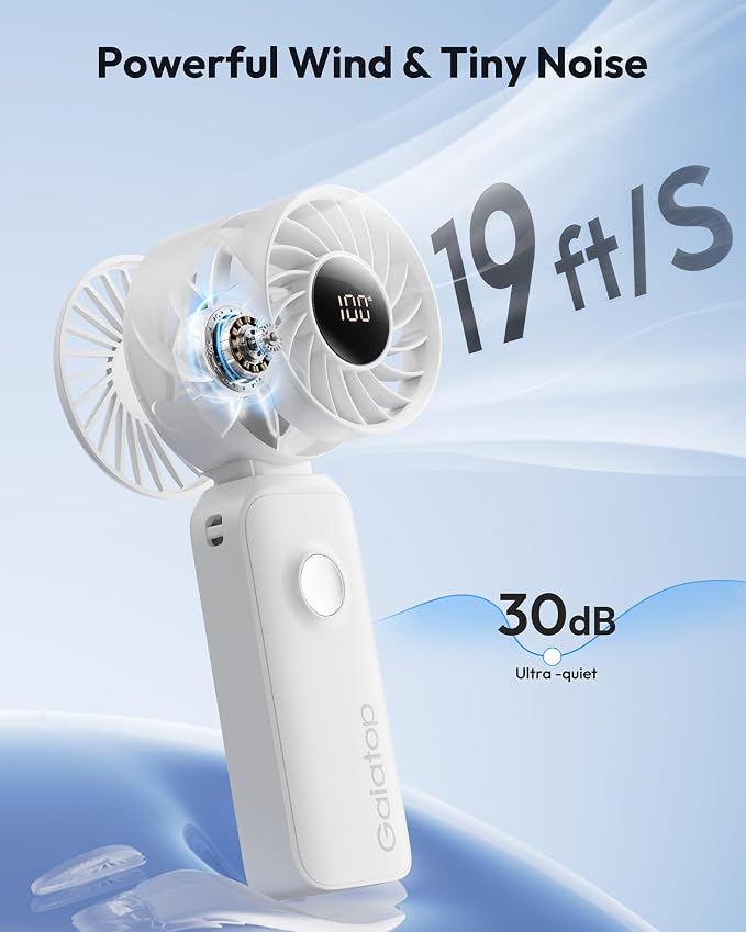 Gaiatop Portable Handheld Fan, 5 Speed Rechargeable Battery Max 18 Working Hours, 3 IN 1 Neck/Desk/Hand Fan Cooling for Travel, Beach, Women/Men Outdoor Activities Gifts - White - Image 3