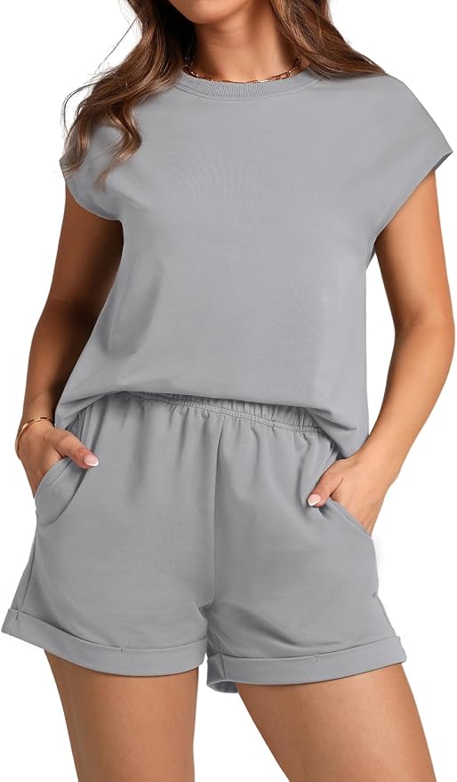 WIHOLL 2 Piece Sets for Women Casual Summer Travel Vacation Outfits Cap Sleeve Shorts Lounge Set - Image 2