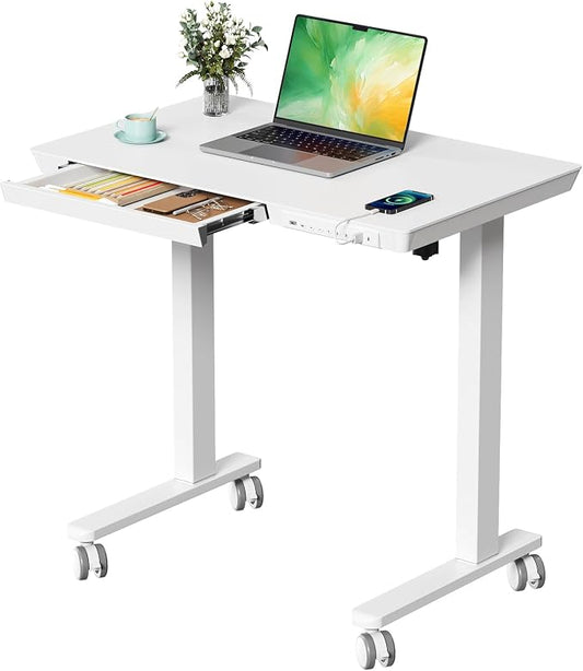 32" Electric Standing Desk with Drawer, Rolling Laptop Desk | Height Adjustable Quick Install One-Piece Tabletop with USB Charging Ports, Sit Stand Computer Desk for Small Space, White by JYLHJOYSEEKER