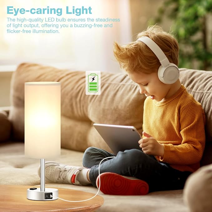 Fenmzee Light Grey Table Lamp for Nightstand - 3 Way Dimmable Touch Bedside Lamp USB C and A Charging Ports and AC Outlet, Small Desk Lamp with Silver Base for Office Nursery, LED Bulb Included - Image 4