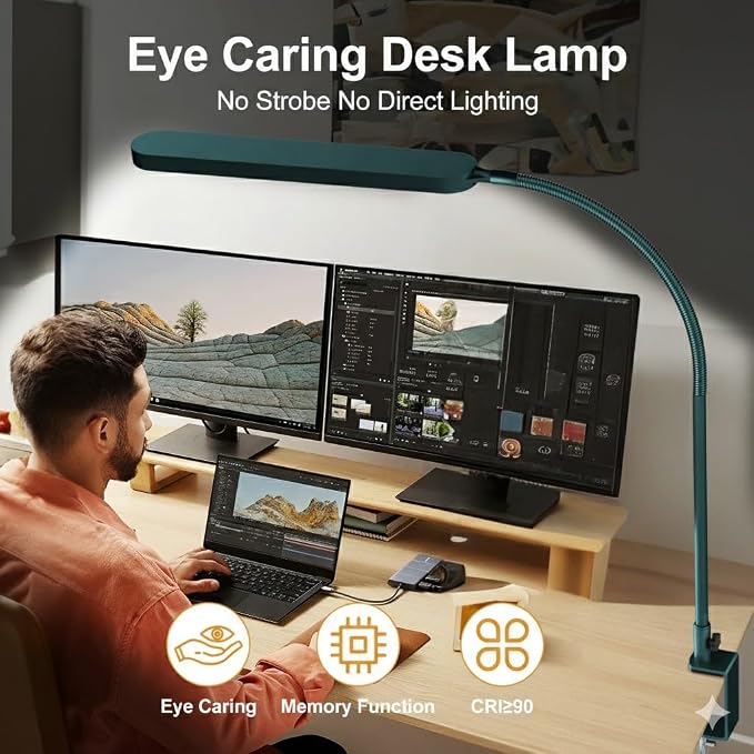 SKYLEO LED Desk Lamp - Desk Light for Home Office - Flexible Gooseneck - 5 Color Modes X 11 Brightness Levels - 1300LM - Timmer & Memory Function - 12W Clip on Light - Green - Image 5