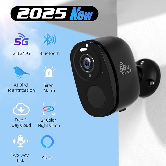Rraycom 5G/2.4G WiFi Security Cameras Wireless Outdoor, 2K Battery Powered AI Motion Detection Siren Alarm Home Indoor Camera,Color Night Vision, 2-Way Talk, IP65 Waterproof, Works/Alexa, Cloud/SD - Image 2