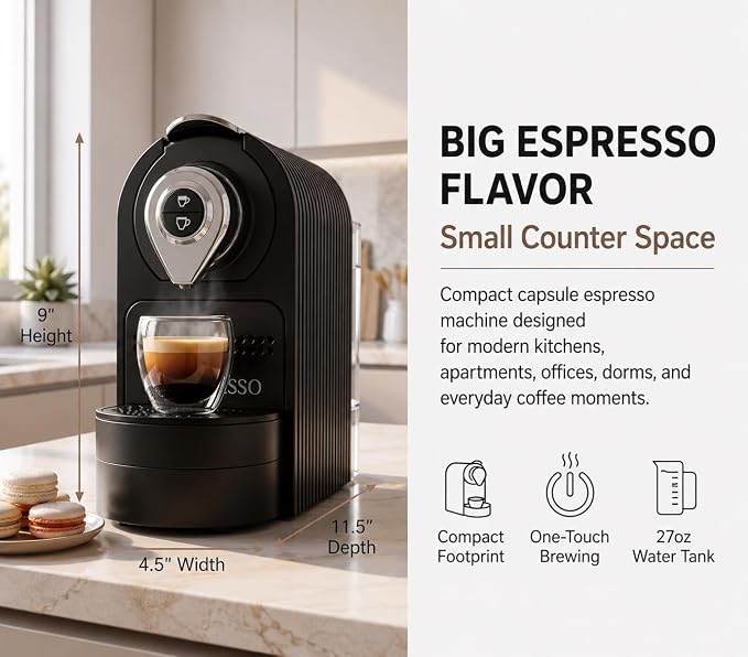 Mixpresso Espresso Machine, Compatible with Nespresso OriginalLine Capsules | 1400W single serve coffee maker with one-touch operation, 19-bar Italian pump and 27oz water tank, black - Image 2
