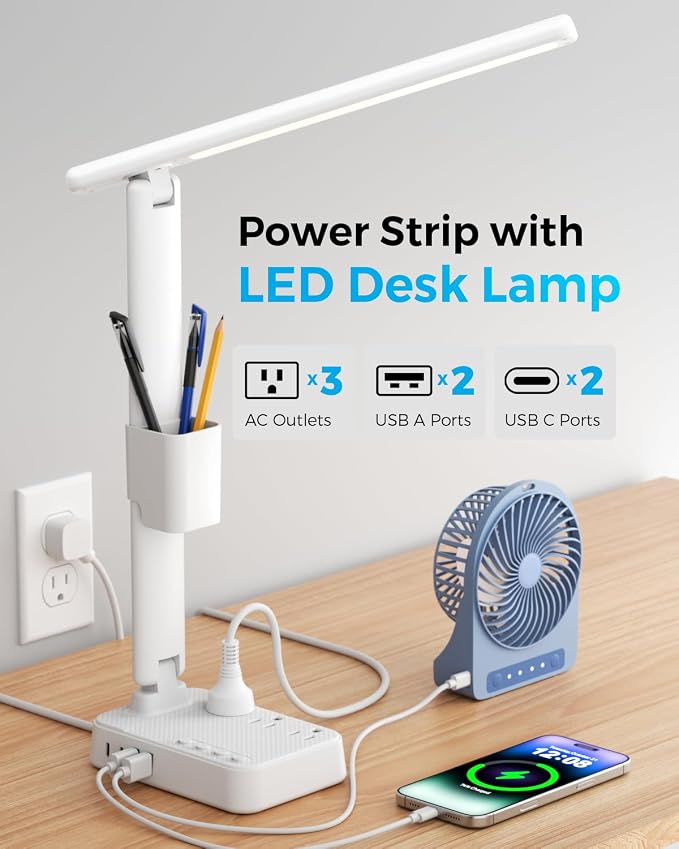 LED Desk Lamp with Power Strip, 3 AC Outlets & 4 USB Ports (2 USB-C), Stepless Dimming&2800K-6500K Eye-Caring Desk Light, Foldable Table Lamp with 10FT Cord for Home Office, Dorm Room Essentials White - Image 2