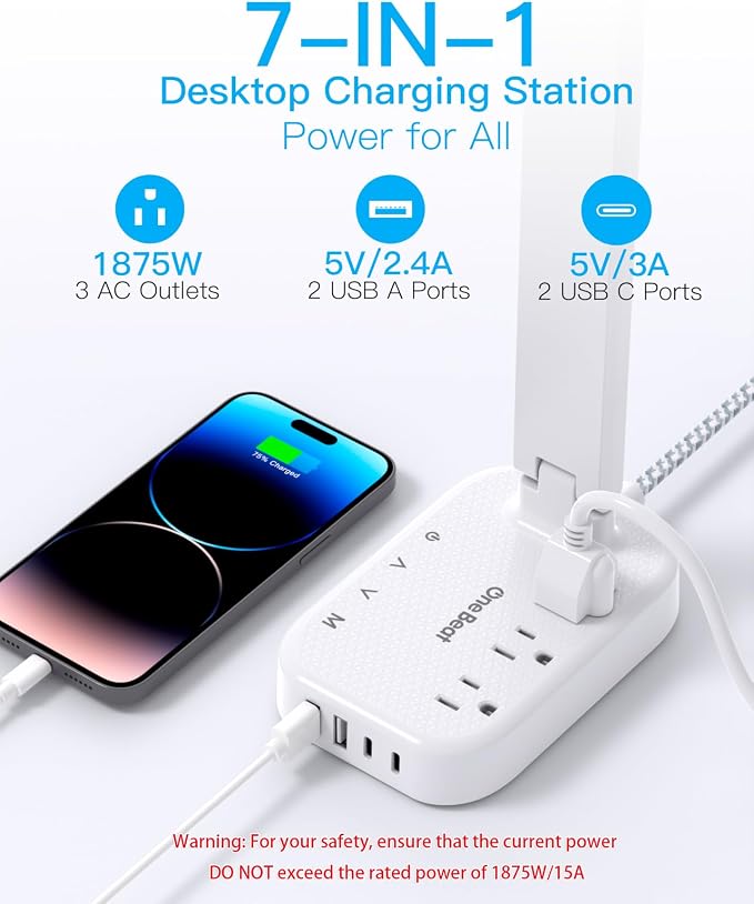 One Beat Small LED Desk Lamp Power Strip 5ft Extension Cord with 3 Outlets 4 USB Ports(2 USB C), 4 Modes, 5 Level Touch Lamp Study Reading Light, Home Office Bedroom College Dorm Room Essentials,White | One Beat 4 Modes 5 Level Brightness Touch Lamp, S... - Image 2