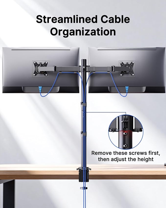 HUANUO Dual Monitor Stand for 13-32 Inch Screens, Tall Pole Desk Mount,Larger Base, Ideal for Sit-Stand Workstations, 22 lbs per Arm, VESA 75x75/100x100mm, Tilt Swivel Rotation, Cable Management - Image 6