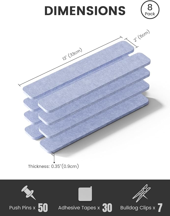 Fluxynara 13" x 2" Felt Wall Panels, Soft Periwinkle | 8-Pack Includes 50 Push Pins and Adhesive Tabs for Photos, Notes and Decor in Bedroom Doors, Home Office or Studios - Image 2