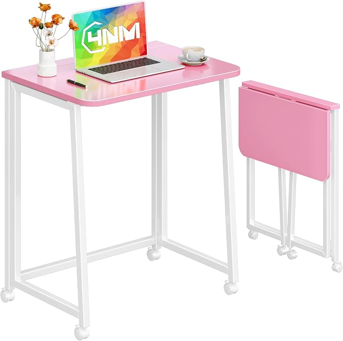 4NM 23.6" Mobile Small Folding Desk, Foldable Rolling Computer Home Office Desk, Study Writing Table for Small Space Saving Bedroom, with Wheels - Pink and White by 4NM