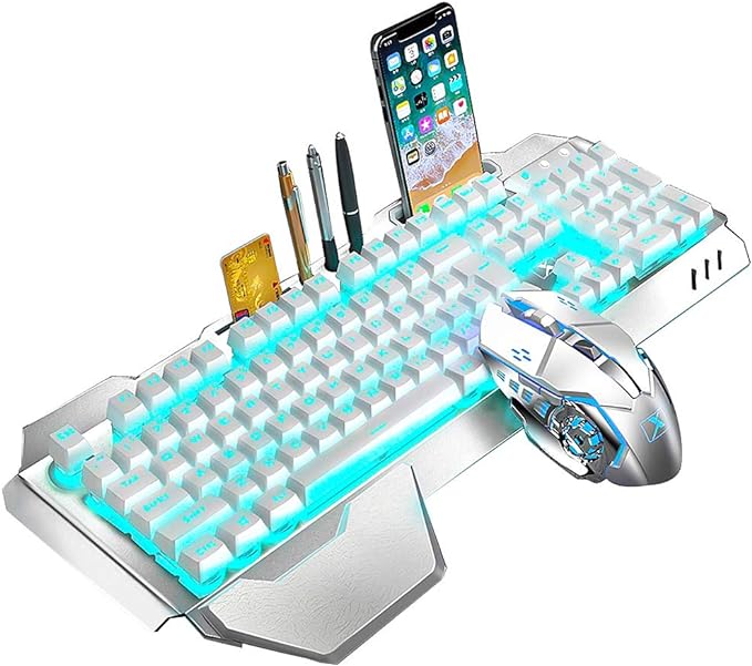 Wireless Keyboard and Mouse, Blue LED Backlit Rechargeable Keyboard with 3800mAh Battery, Metal Panel, Removable Hand Rest Mechanical Feel, 7 Color Gaming Mute Mouse for PC Gamers by MAGIC-REFINER