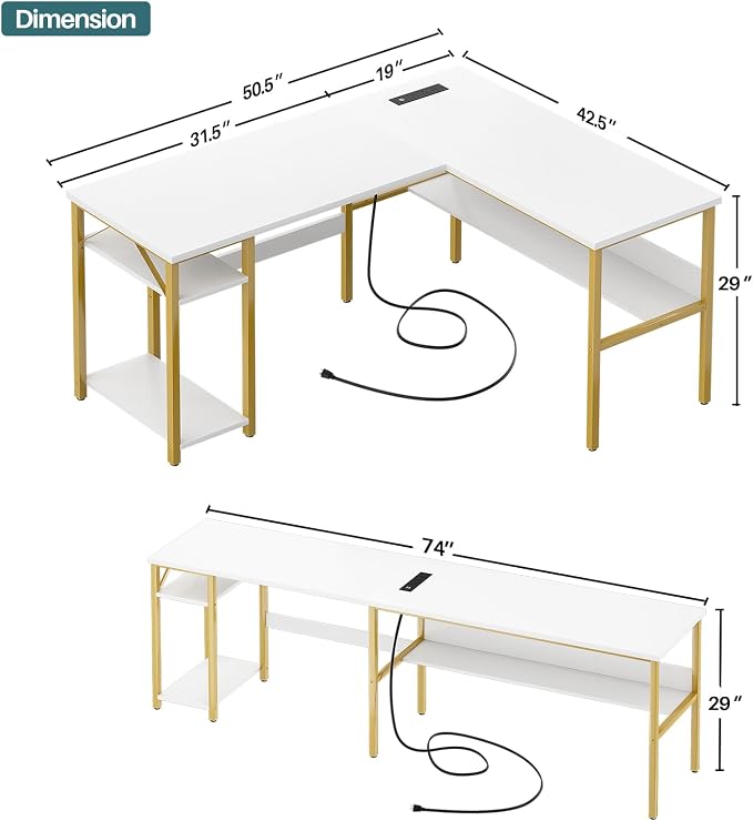 Unikito Reversible L Shaped Desk with Magic Power Outlets and USB Charging Ports, Sturdy Corner Computer Desk with Storage Shelves, Gaming Table Home Office Desk, Easy to Assemble, White and Gold - Image 3