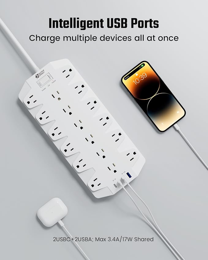 Power Strip Surge Protector, SUPERDANNY 18 Outlets with 2 USB C + 2 USB A Ports, 1875W/15A, 2100J, 6.5FT Flat Plug Heavy Duty Extension Cord with Multiple Outlets for Home, Office, Dorm, White - Image 4