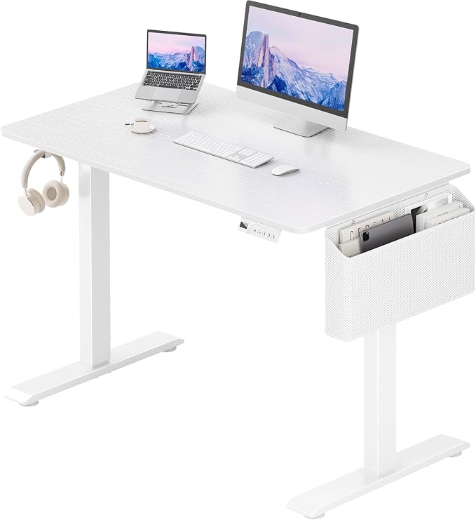 White Electric Sit To Stand Desk - 40 Inch Small Computer Desk Adjustable Height for Work Study Writing, Compact Sit Stand up Desks Table Workstation for Small Space Adult Boy Girl Home Office Bedroom by Unknown