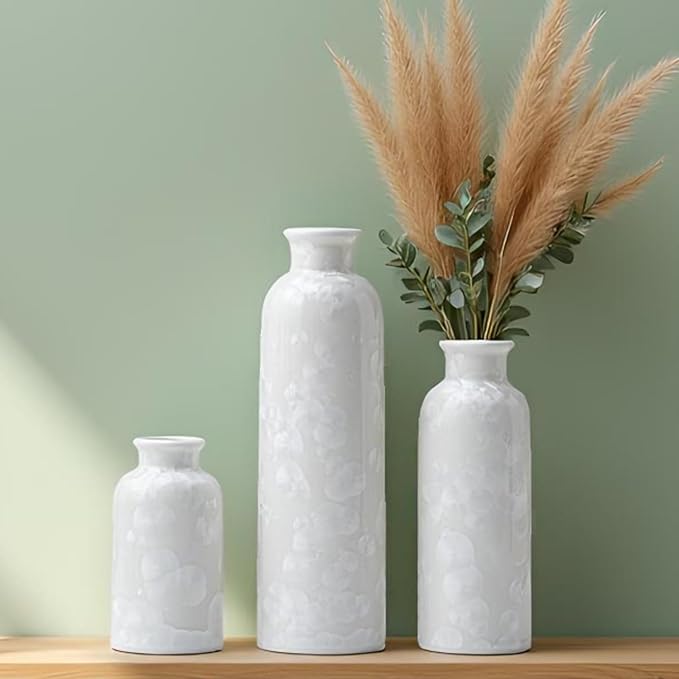 Modern Ceramic Vase Set of 3, White Crystalline Glaze Colors, Decorative Bottles for Home, Farmhouse Rustic Decor Housewarming Gifts, Wedding Gifts, Birthday Gifts for Women(Crystalline Glaze White) - Image 9