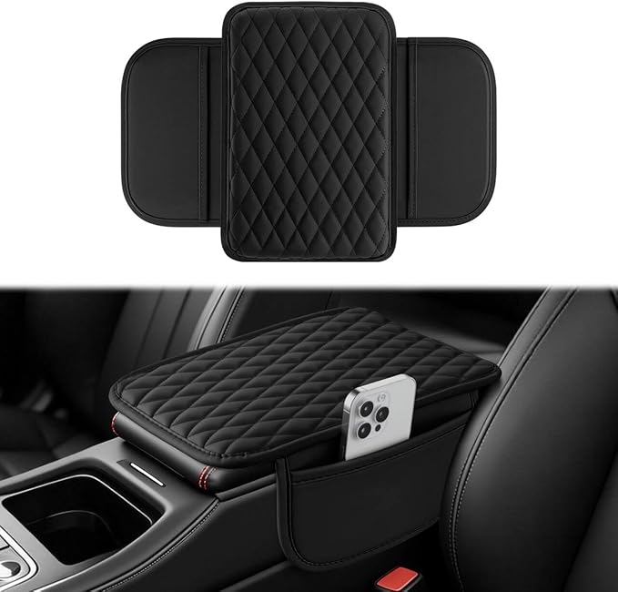Amiss Car Center Console Cover, Upgraded Leather Car Armrest Cushion with 2 Storage Pockets, Universal Waterproof Cushion Pad, Non-Slip Car Interior Accessories, Fits Most Sedans SUVs Trucks (Black) by Amiss
