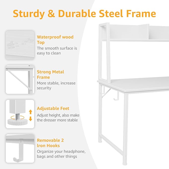 DLisiting White Computer Desk with Hutch & Drawers - 47 Inch Modern Study Writing Office Desk with 3 Storage Drawers and Power Outlets for Bedroom Home Office - Image 5