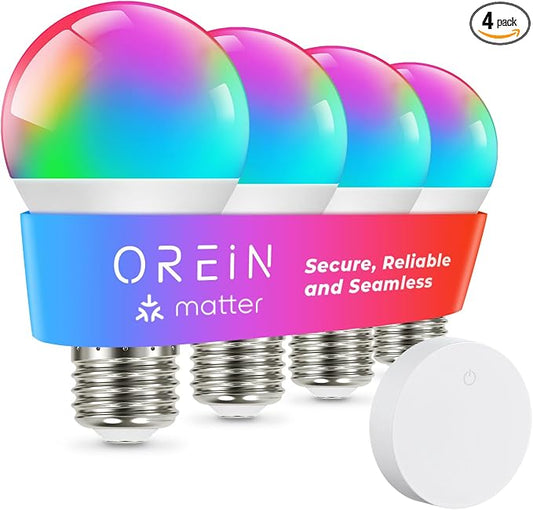 OREiN Matter Smart Light Bulb, Smart Light Bulbs with Remote Control Work with Apple Home, Alexa, Google Home, SmartThings, Color Changing Light Bulbs 2.4Ghz WiFi, 800 Lumens Equivalent 60W 4Pack by OREiN