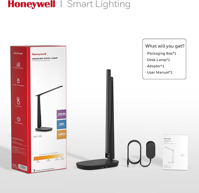 Honeywell HWT-H2 LED Desk Lamp for Home Office, CRI94 Full Spectrum Eye-Caring Light, Dimmable Table Lamp with USB-A & USB-C Charging Ports, Foldable Touch Control Reading Lamp, Black - Image 7