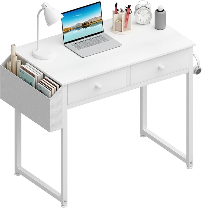 Lufeiya Small White Kids Desk with Drawers for Bedroom, 32 Inch Home Office Desks with Fabric Storage Drawer and Bag, Study Writing Vanity Table for Small Spaces, White by LUFEIYA
