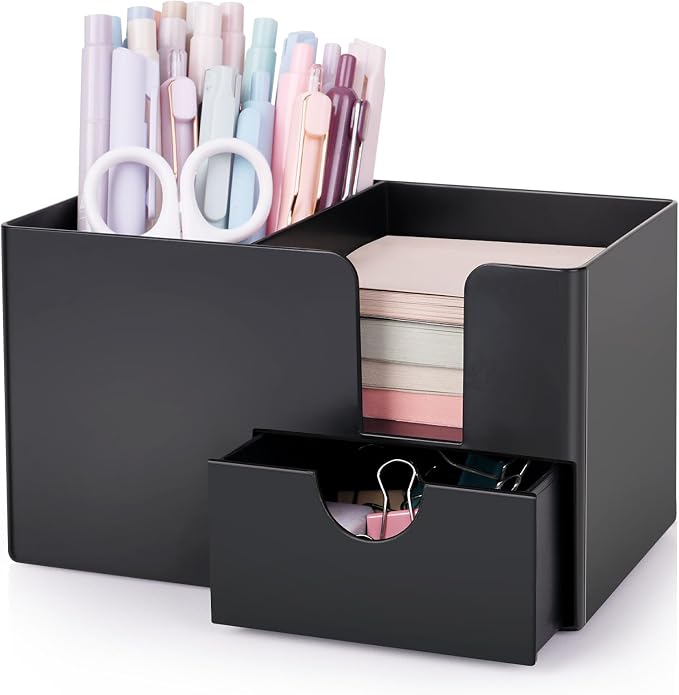 SKYDUE Small Desk Organizer with Drawer | 3 Compartments, Desk Pen Holder, For Home, School, Office & College Dorm Room by SKYDUE