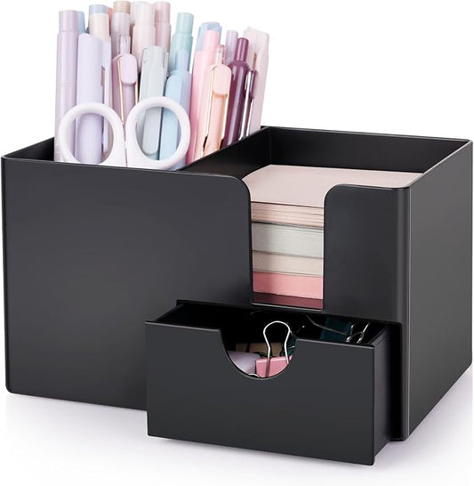 SKYDUE Small Desk Organizer with Drawer | 3 Compartments, Desk Pen Holder, For Home, School, Office & College Dorm Room by SKYDUE