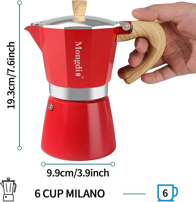 Mongdio Stovetop Espresso Maker Moka Pot, Cuban Coffee Maker Stove top coffee maker Moka Italian Espresso Greca Coffee Maker Brewer Percolator, 6 Espresso Cups, 10 oz - Red - Image 5