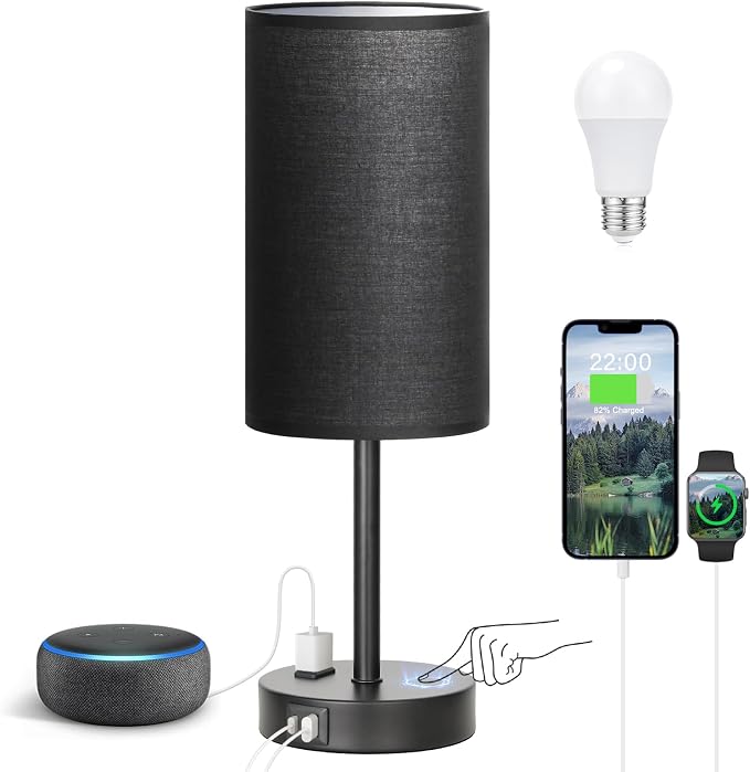 Fenmzee Touch Nightstand Lamp - Black, 3-Way Dimmable, USB A + C Charging, AC Outlet, 17.4inch Medium by Fenmzeelighting