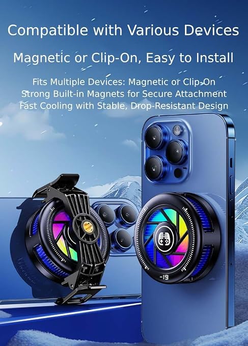 Phone Cooler for Gaming, Low Noise USB Cell Phone Cooler with Smart Temp Control, Phone Cooling Fan with RGB LED Lights, Magnetic Ring & Clip Fan for Phone Gaming & Streaming - Image 2