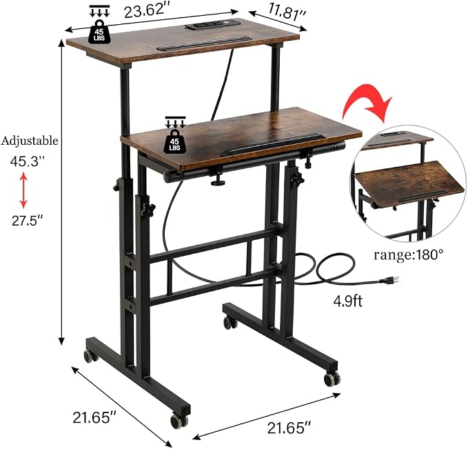 Hadulcet Mobile Standing Desk with Wheels, Rolling Desk Adjustable Height, Portable Laptop Table with Charging Station, Sit Stand up for Home Office, Study, Classroom, Rustic Brown - Image 2