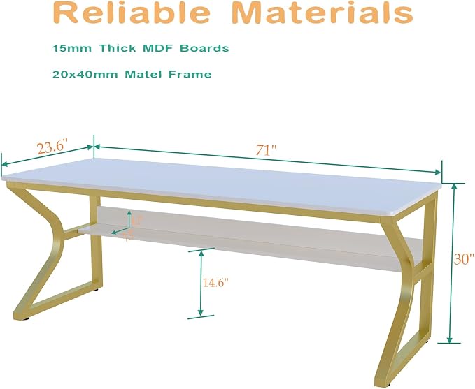 OSCHF 71-Inch Extra Long Desk with Storage Shelf, Gold | Double Long Writing Table, Space-saving, 2-Person Workstation, Modern Study Work Computer Desk, For Home Office - Image 2