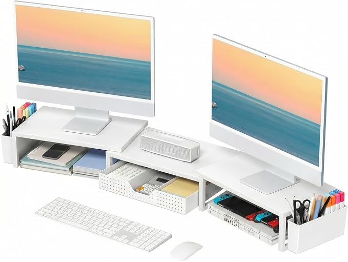 OPNICE Desk Organizers and Accessories, Dual Monitor Stand Riser with Drawer and 2 Pen Holders, Desk Shelf Metal Computer Racks for Office Workspace Organizers, Desktop Organization (White Metal) by OPNICE