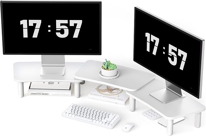 Dual Monitor Stand For Desk,Adjustable Height Long Wood Computer Riser | For Computer,Notebooks,Laptop,Printer,TV,Decoration for Office & Home ,White by AFOOYO