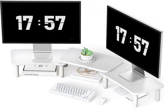 Dual Monitor Stand For Desk,Adjustable Height Long Wood Computer Riser | For Computer,Notebooks,Laptop,Printer,TV,Decoration for Office & Home ,White by AFOOYO