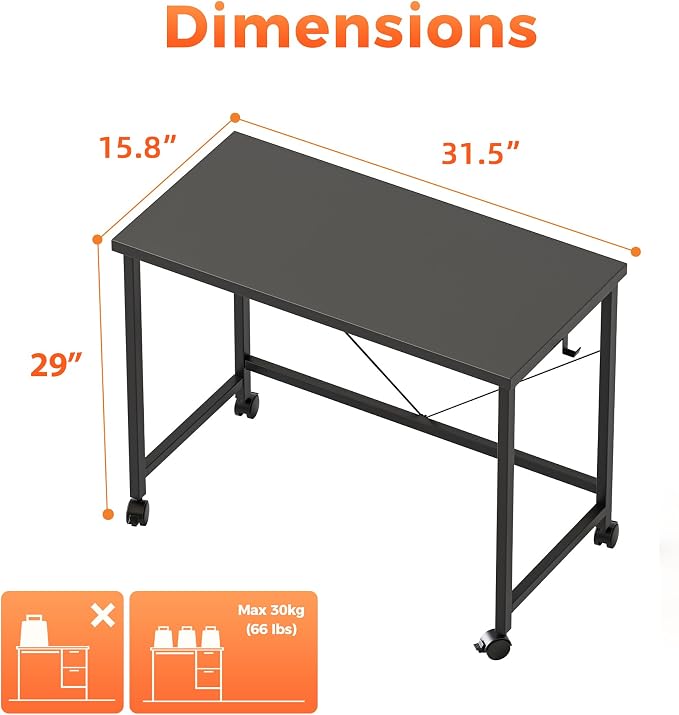 Mericonia 32x16 Inch Computer Desk with Wheels, Small Simple Rolling Desk | Writing Table for Home Office Bedroom Work Study, Black - Image 2