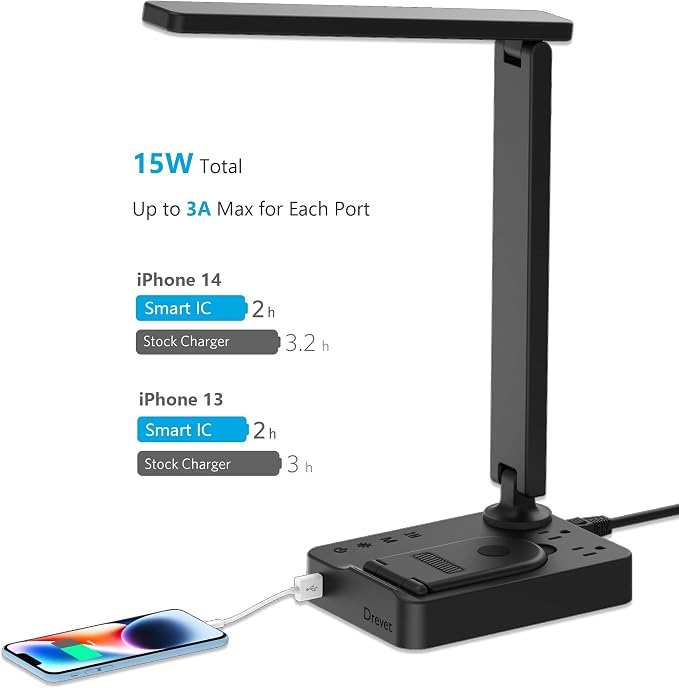 Drevet LED Desk Lamp with Wireless Charger, Desk Table Light with USB Charging Port and 2 Outlets, 3 Lighting Modes, 3 Level Brightness, 1H Timer, Touch Control, Eye-Caring Home Office Foldable Lamp - Image 3