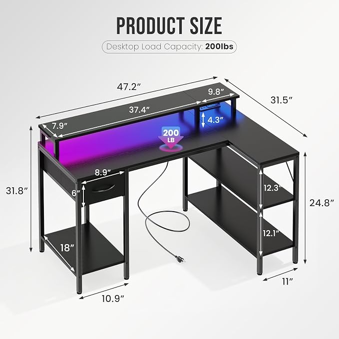 DUMOS Gaming Desk, Monitor Stand, LED Lights, Storage Shelves | USB Charging Ports, Power Outlets, Reversible L Shaped Corner, Small Spaces, Black - Image 3