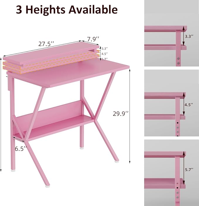 COTUBLR Small Desk, 27.5 Inch Small Computer Desk for Spaces, Computer Desks with Adjustable Monitor Stand, Compact Desks with Storage, Tiny Study Table for Bedroom Home Office, Pink - Image 3