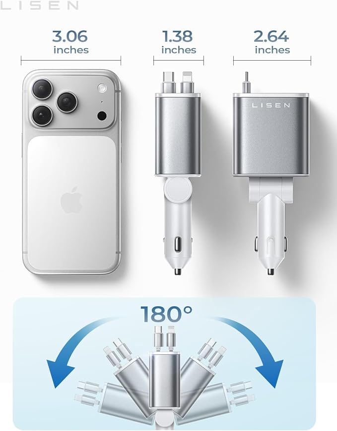 LISEN Retractable Car Charger for iPhone, for iPhone 17 Pro Max 16 15 14 13 12 Plus Mini, Cute 4 in 1 Retractable USB C Car Charger Fast Chareg for Women Men, 84W Fast Charging Car Accessorie | Multiple Ports Car Charger, Retractable Car Charger Fast C... - Image 5