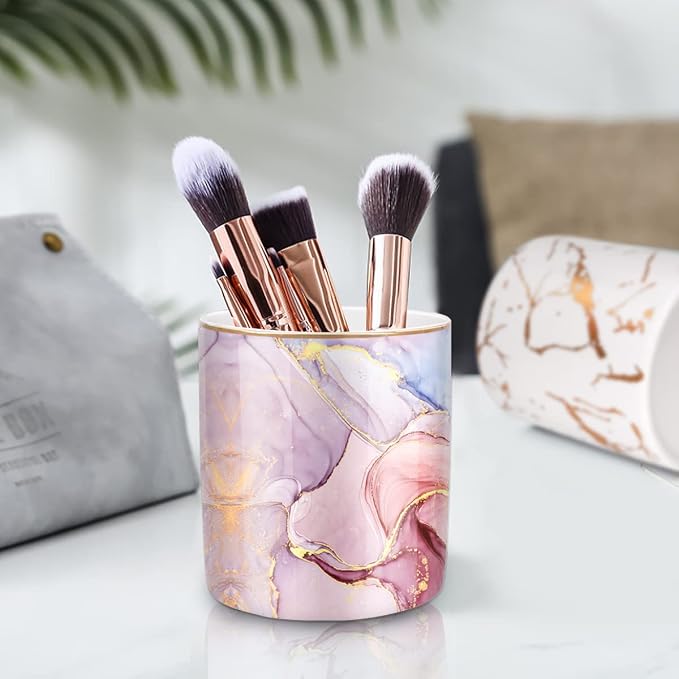 Pink Pen Holder for Desk, Premium Ceramic Pencil Holder Pen Cup Marker Holder Makeup Brush Holders, Desk Accessories & Workspace Organizers for Home, Office,Colorful Marble - Image 5