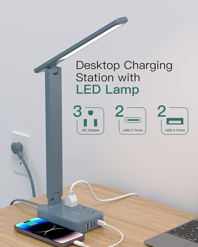Addtam LED Desk Lamp, Power Strip with 3 Outlets 4 USB Charging Ports(2 USBC), 4 Modes 5 Level Brightness Touch Lamp, Small Desk Lamp for Home Office College Dorm Room Essentials, Blue - Image 2