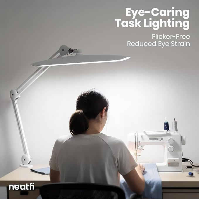 Neatfi XL 2200 Lumens 24W LED Desk Lamp – Shadow-Free Task Lighting | 4-Level Dimming | Home Office & Crafts Use | 20-Inch Wide Head (White, Non-CCT with Clamp) - Image 3