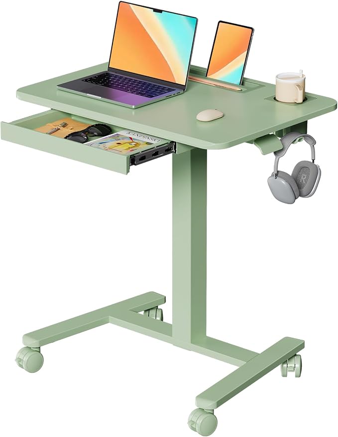 28" Mobile Standing Desk with Drawer, Portable Laptop Desk | Rolling Desk with Cup Holder and Hooks, Height Adjustable Computer Cart with Storage, Lockable & Hidden Wheels, Sage Green by JYLHJOYSEEKER