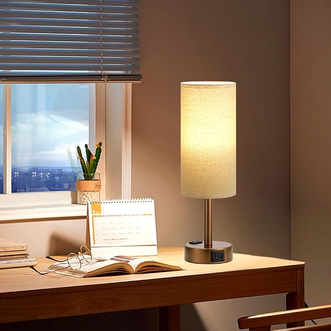 Fenmzee Brown Bedside Table Lamp for Bedroom - 3 Way Dimmable Touch Lamp USB C Charging Ports and AC Outlet, Small Lamp Round Flaxen Fabric Shade for Living Room, Desk, LED Bulb Included - Image 7