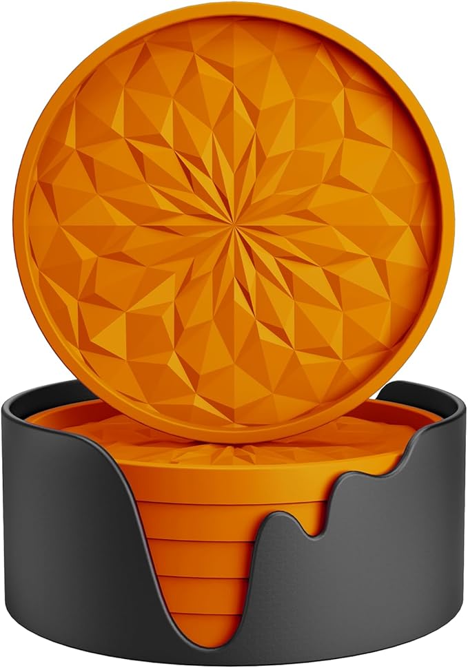 ME.FAN Silicone Coasters with Holder,[6 Pack] Drinking Coasters - Cup Mat for Hot or Cold Drinks, Thickened, Non-Slip, Non-stick,Deep Tray Orange by MEFAN