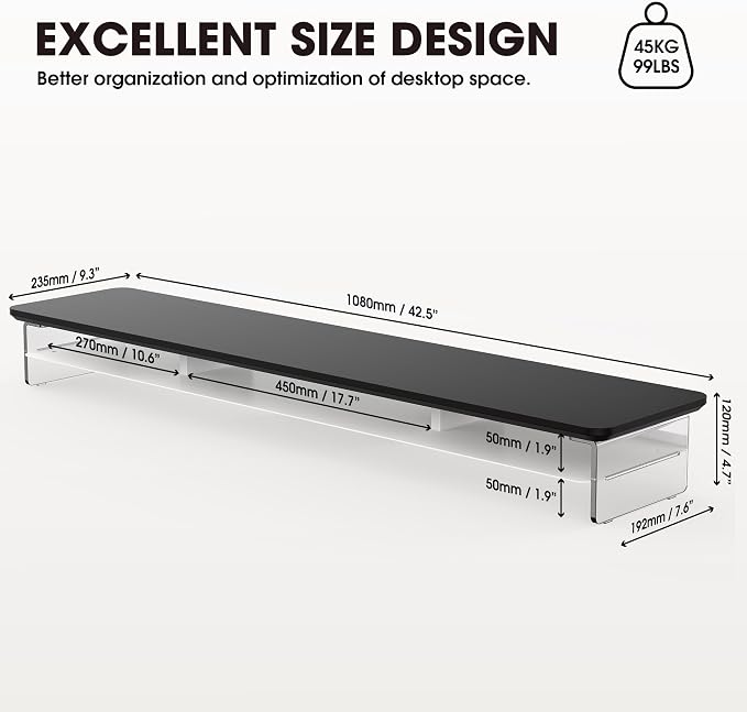 Fenge 42.5" Dual Monitor Stand with Clear Acrylic Legs, Black | Clear acrylic, storage compartment, 2-tier home office monitor riser, wide large desktop shelf fit monitor/laptop/printer - Image 4