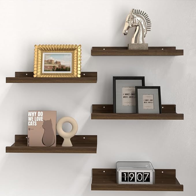 RICHER HOUSE 5-Set Floating Shelves with Lip, Walnut Wall Mounted Shelf | Display Picture Ledge Shelf, Anti-drop lip Shelf for Room Wall Decor, Bedroom Bathroom Storage Nursery Books, Easy Setup 16in by RicherHouse