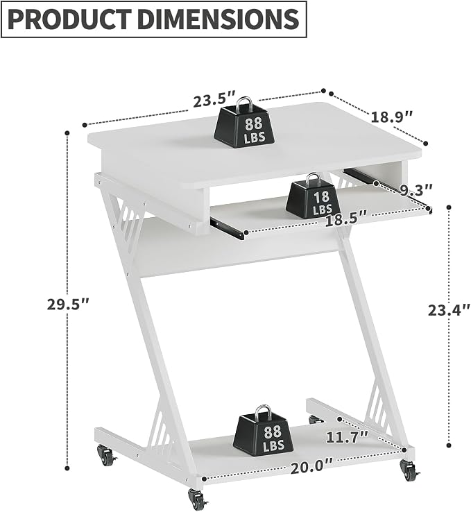 ALISENED Computer Desk for Small Spaces Compact Desk with Keyboard Tray | 23.6" Z-Shaped, with Wheels and Bottom Shelves, for Home Office, Computer Cart Mobile Laptop Cart, White - Image 3