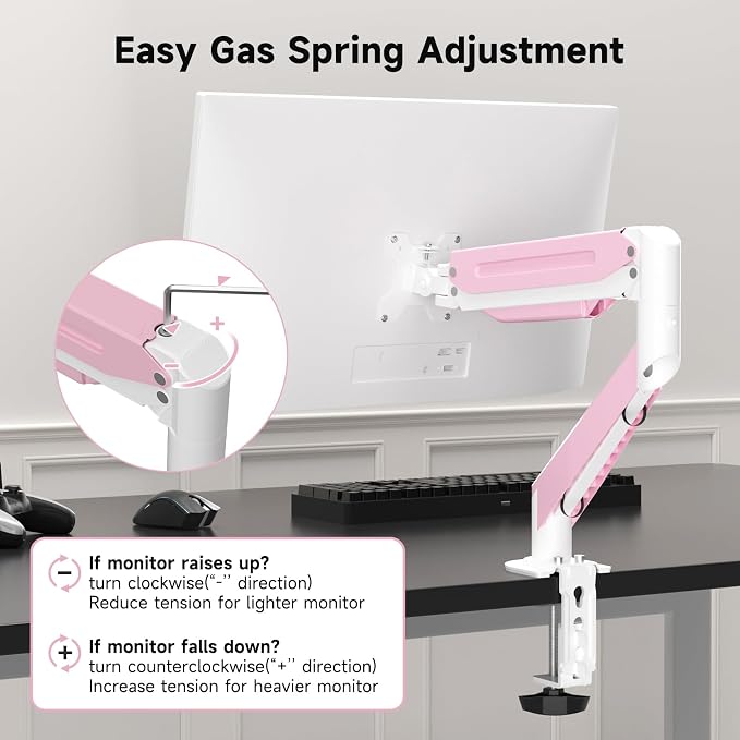 Suptek Monitor Mount Gas Spring Monitor Arm Desk Mount Fully Adjustable Fits 17 20 22 23 24 26 27 32 35 inch Monitors Weight Capacity up to 24.25 lbs, Pink - Image 5