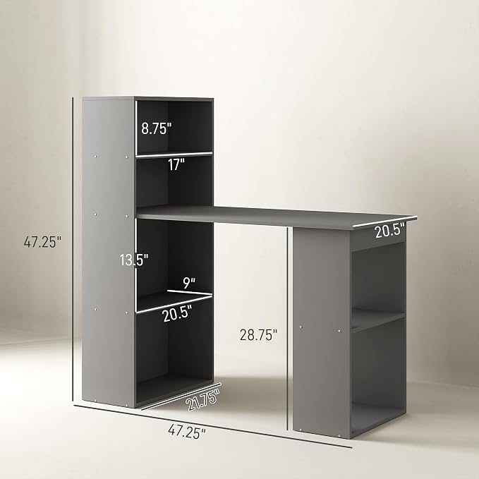 HOMCOM Modern Home Office Desk with 6-Tier Storage Shelves, 47", Gray | Writing Desk, Bookshelf - Image 3