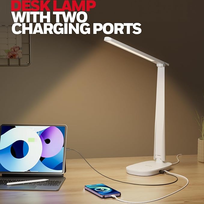 Honeywell HWT-H2 LED Desk Lamp for Home Office, CRI94 Full Spectrum Eye-Caring Light, Dimmable Table Lamp with USB-A & USB-C Charging Ports, Foldable Touch Control Reading Lamp, White - Image 4